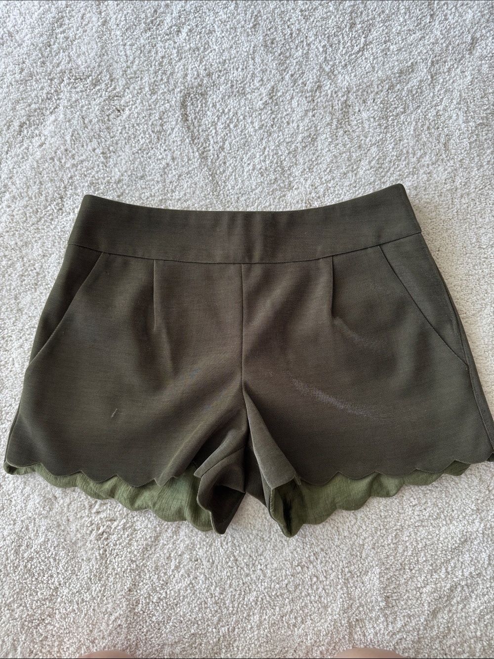Isabel Lu Olive Shimmer Scallop Hem Women's Shorts